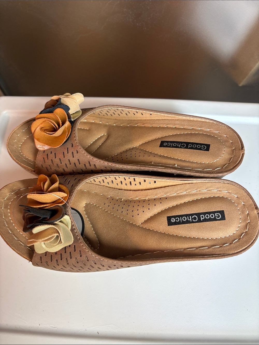 Good Choice Tan Floral Slip-On Mules